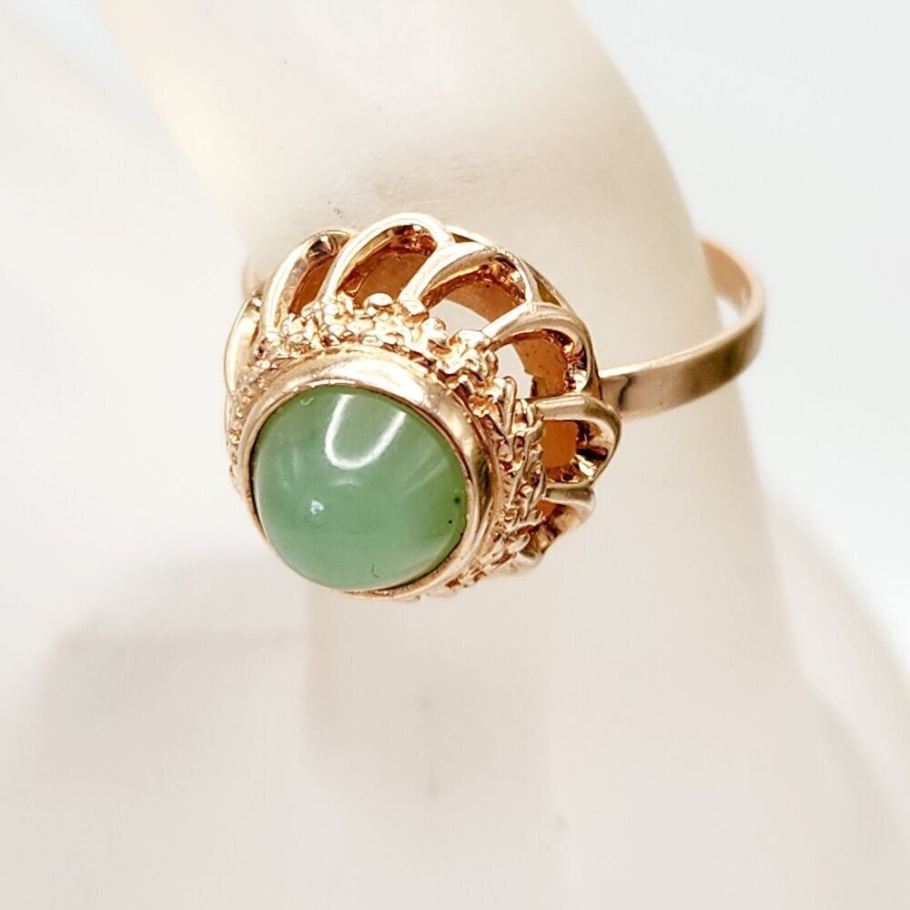 Vintage USSR Soviet Union Domed Nephrite Jade 583 Solid Rose Gold Ring 8.25